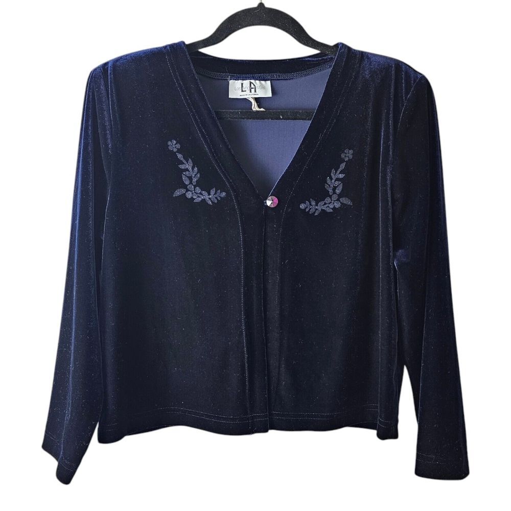 VTG  Velvet Cardigan Bolero Top Blue Floral Embroidered Button Up Whimsygoth Y2K
